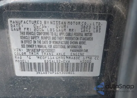 2016 Nissan Sentra Sv z USA, uszkodzony, nr VIN 3N1AB7AP1GY300801